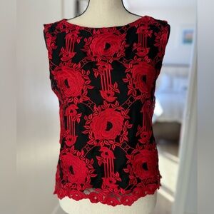 Alice + Olivia Red Embroidered Lace Blouse Top Black Size Small